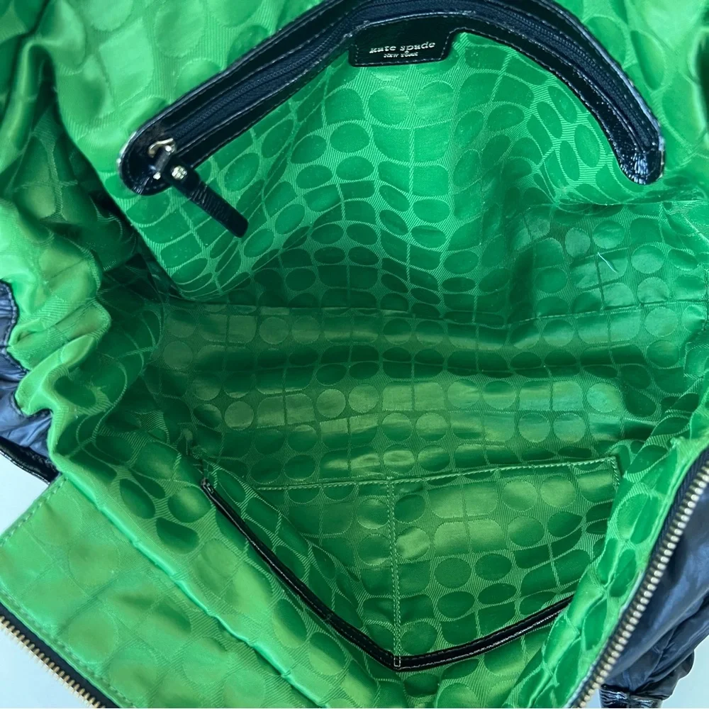 KATE SPADE Stevie Black Quilted Nylon Patent Leather Studded Shoulder Bag Tote